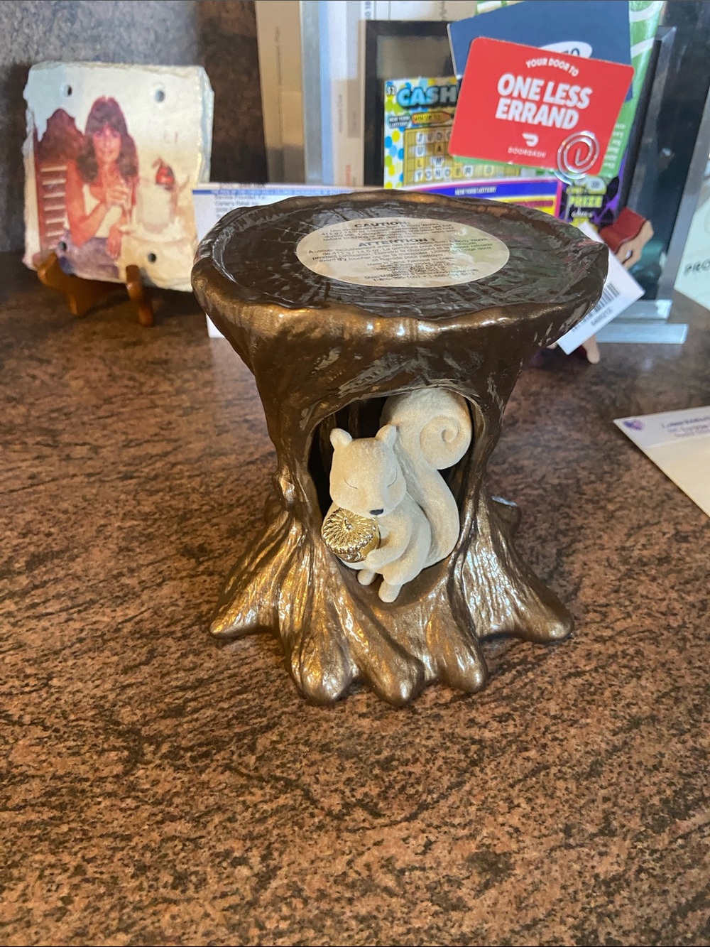 Gold Tree Stump Accent with Cream Squirrel Figurine candle holder
